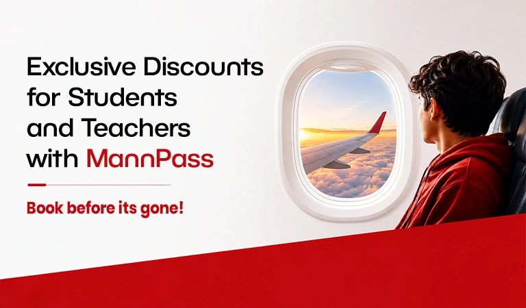 Promo banner for MannPass offering exclusive discounts to students and teachers; traveler in a red hoodie looks out a plane window with a sunset view.