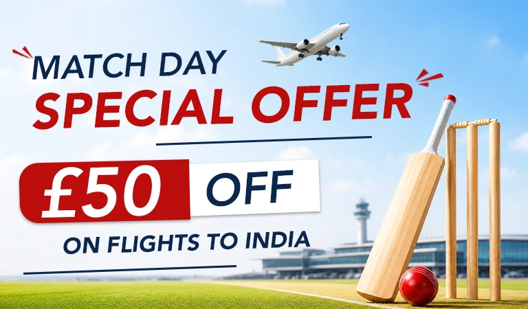 Promotional banner offering £50 off flights to India, with cricket bat and stumps in foreground and airplane overhead.