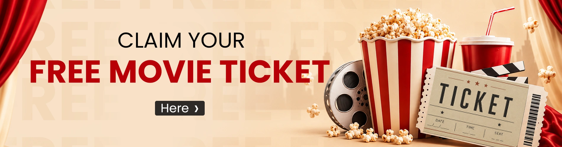 Promo banner offering a free movie ticket, with popcorn, film reel and a ticket visuals beside a 'Claim your free movie ticket' message.