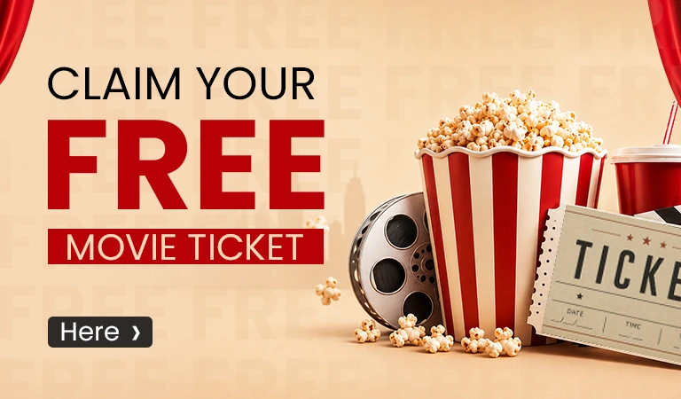 Promotional banner for a free movie ticket, showing popcorn, a film reel, and a ticket stub with a Here button.