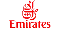 Emirates logo in red with the Arabic emblem positioned above the word 'Emirates'.