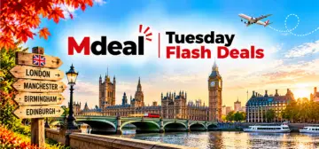 Mdeal Tuesday Flash Deals banner showing London skyline with Westminster Bridge over the Thames and autumn leaves, plus signage for London, Manchester, Birmingham, and Edinburgh.