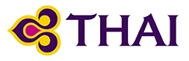 Thai logo with purple 'THAI' wordmark and an interlocking gold and purple knot emblem