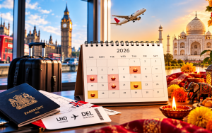 Travel planning desk with a 2026 calendar, passport, boarding pass, and suitcase; landmarks of London and the Taj Mahal in the background.