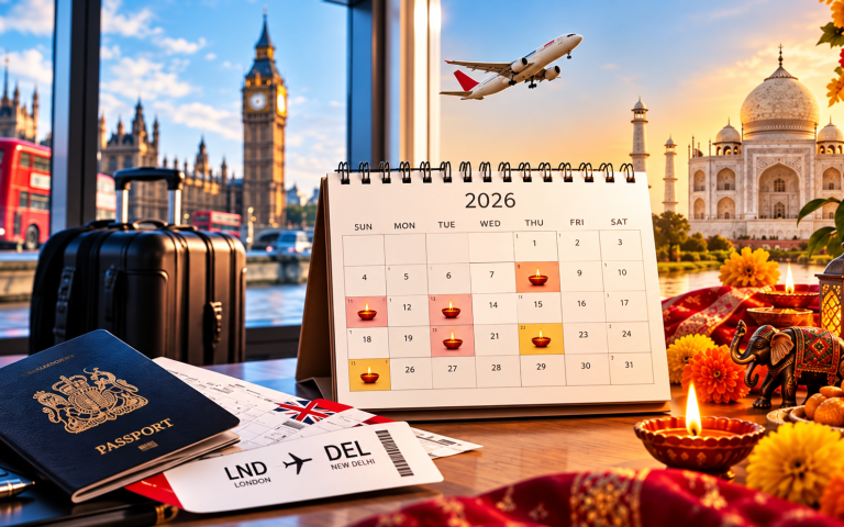 Diwali 2026 Flights From UK- 4 Travel Peaks Explained. – Mann Travel Travel planning desk with a 2026 calendar, passport, boarding pass, and suitcase; landmarks of London and the Taj Mahal in the background.