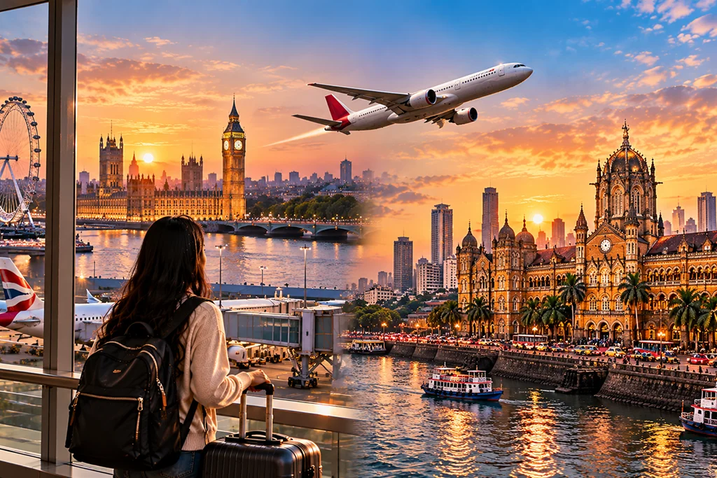 Woman with a backpack at an airport window overlooking a split skyline: London landmarks on the left and Mumbai's Taj Mahal Palace on the right as a plane flies overhead.