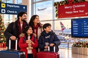 Family of four at an airport with rolling luggage, Christmas decorations, and a Departures sign in the background.