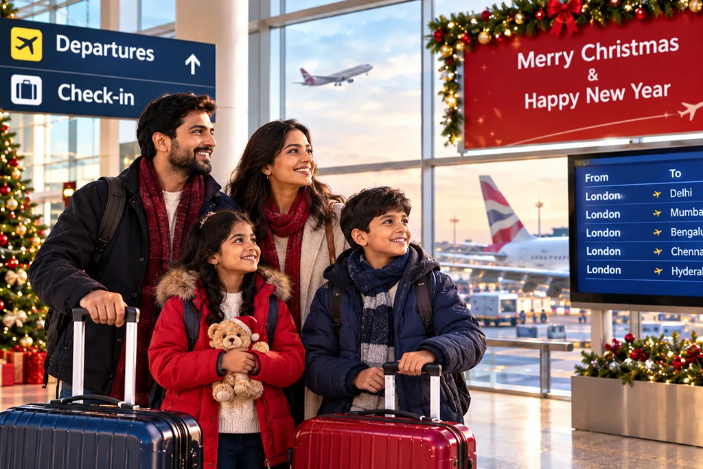 Family of four at an airport with rolling luggage, Christmas decorations, and a Departures sign in the background.