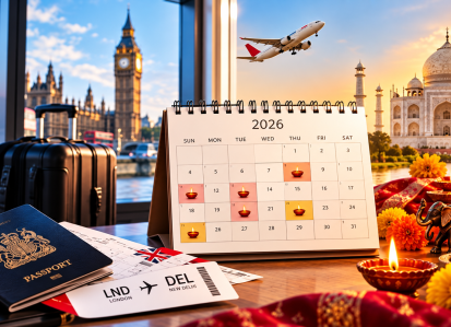 Travel planning desk with a 2026 calendar, passport, boarding pass, and suitcase; landmarks of London and the Taj Mahal in the background.